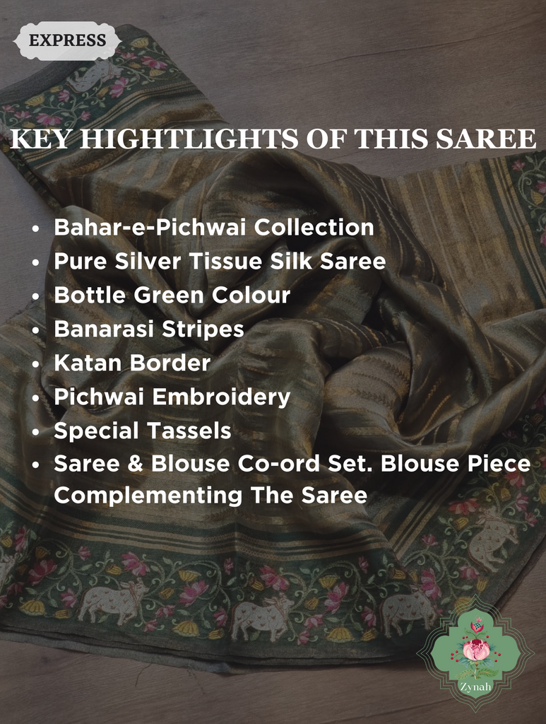 Zynah Bottle Green Pure Silver Tissue Silk Saree With Banarasi Stripes, Katan Pallu & Pichwai Embroidery; Custom Stitched/Ready-made Blouse, Fall, Petticoat; SKU: 0401202406