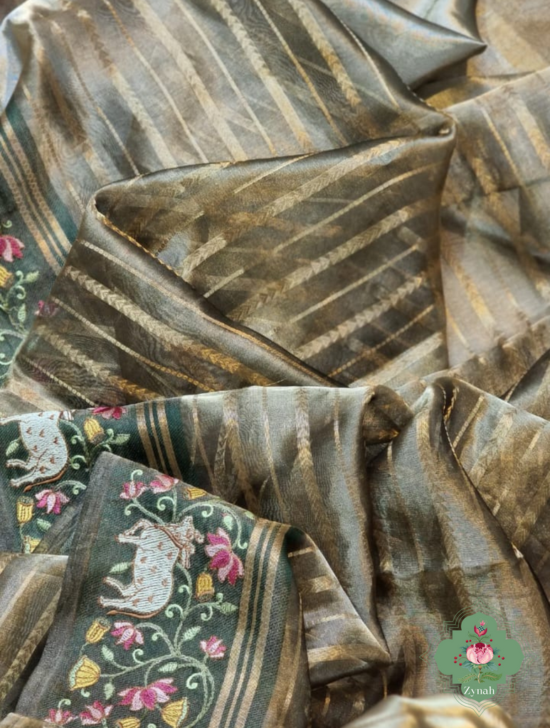 Bottle Green Pure Silver Tissue Silk Saree With Banarasi Stripes, Katan Pallu & Pichwai Embroidery 3