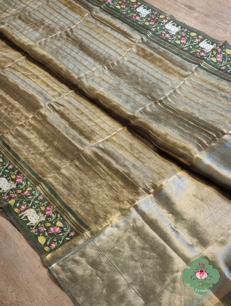 Bottle Green Pure Silver Tissue Silk Saree With Banarasi Stripes, Katan Pallu & Pichwai Embroidery 7