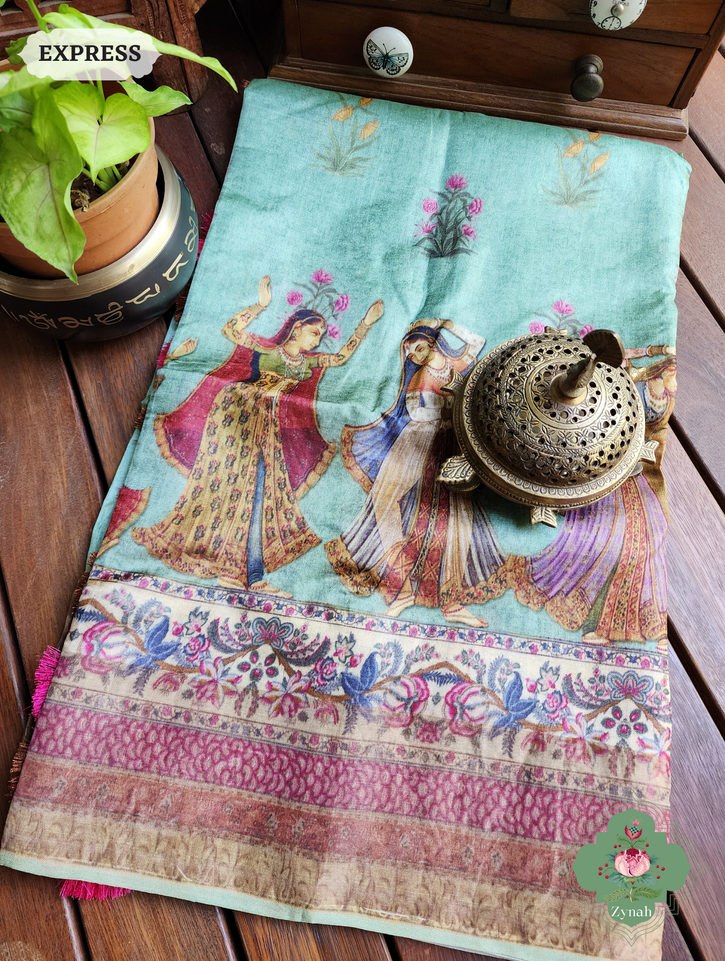 Zynah Pista Green Pure Tussar Silk Saree With Pichwai Print; Custom Stitched/Ready-made Blouse, Fall, Petticoat; SKU: 2306202302