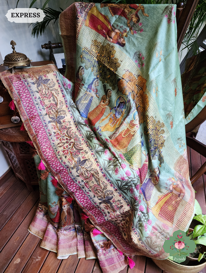 Zynah Pista Green Pure Tussar Silk Saree With Pichwai Print; Custom Stitched/Ready-made Blouse, Fall, Petticoat; SKU: 2306202302
