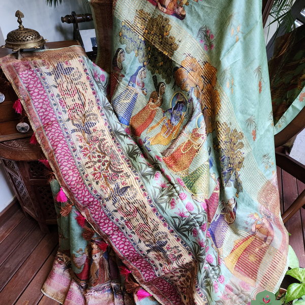 Zynah Pista Green Pure Tussar Silk Saree With Pichwai Print; Custom Stitched/Ready-made Blouse, Fall, Petticoat; SKU: 2306202302