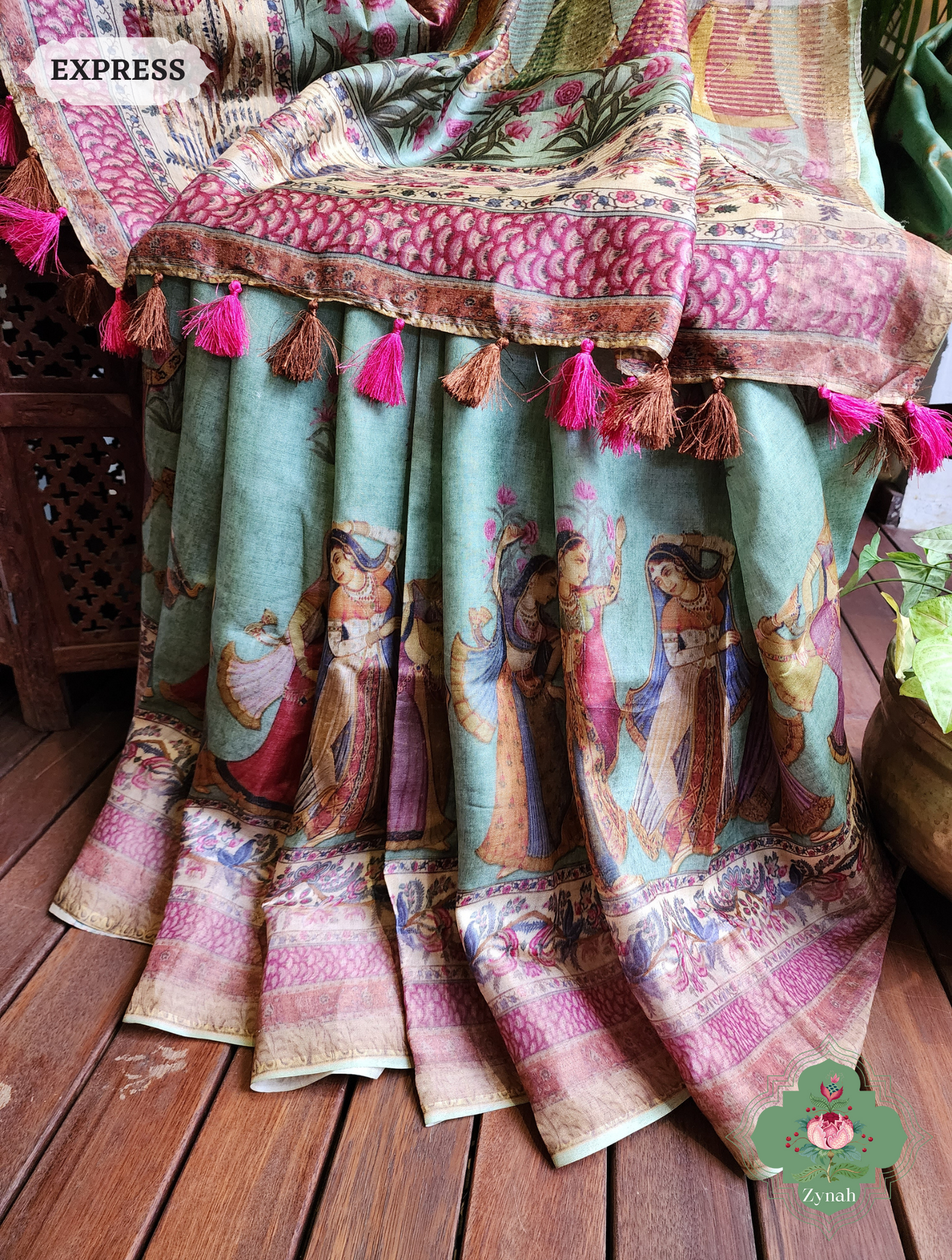 Zynah Pista Green Pure Tussar Silk Saree With Pichwai Print; Custom Stitched/Ready-made Blouse, Fall, Petticoat; SKU: 2306202302