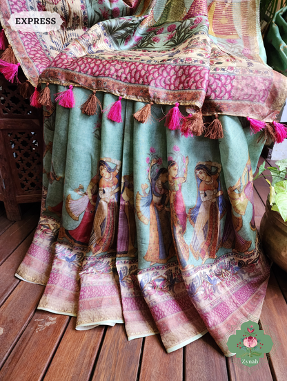 Zynah Pista Green Pure Tussar Silk Saree With Pichwai Print; Custom Stitched/Ready-made Blouse, Fall, Petticoat; SKU: 2306202302