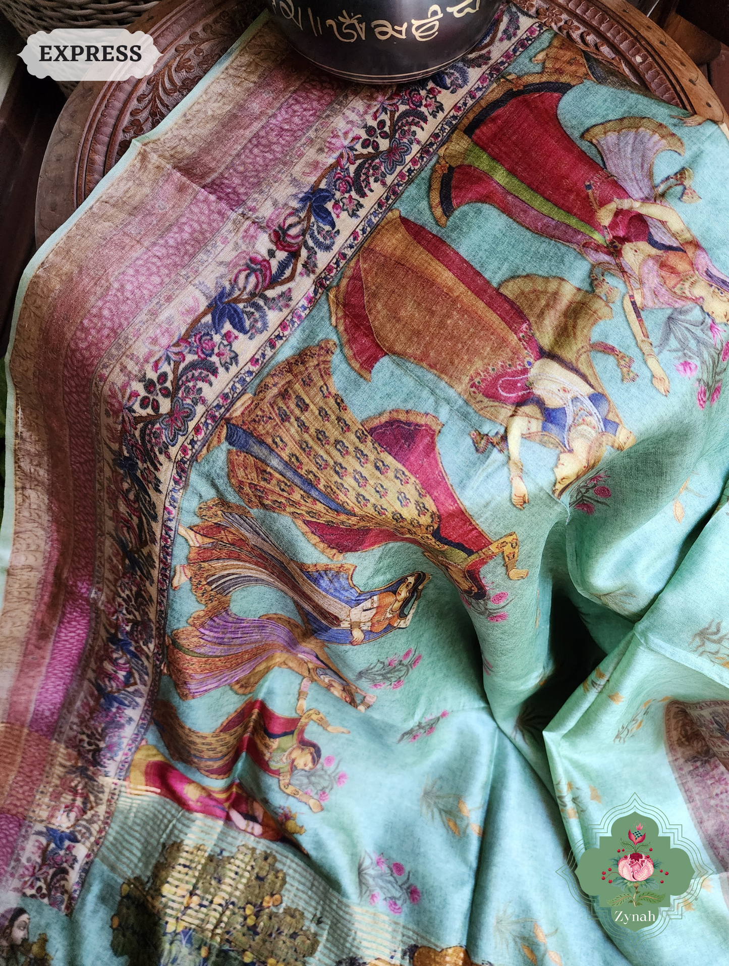 Zynah Pista Green Pure Tussar Silk Saree With Pichwai Print; Custom Stitched/Ready-made Blouse, Fall, Petticoat; SKU: 2306202302