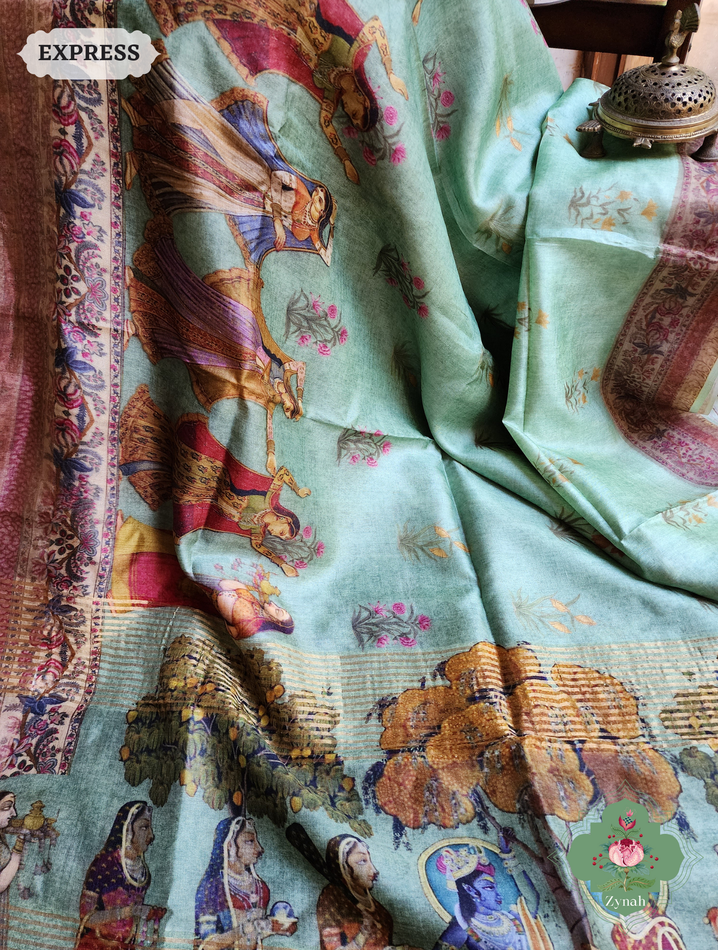 Zynah Pista Green Pure Tussar Silk Saree With Pichwai Print; Custom Stitched/Ready-made Blouse, Fall, Petticoat; SKU: 2306202302