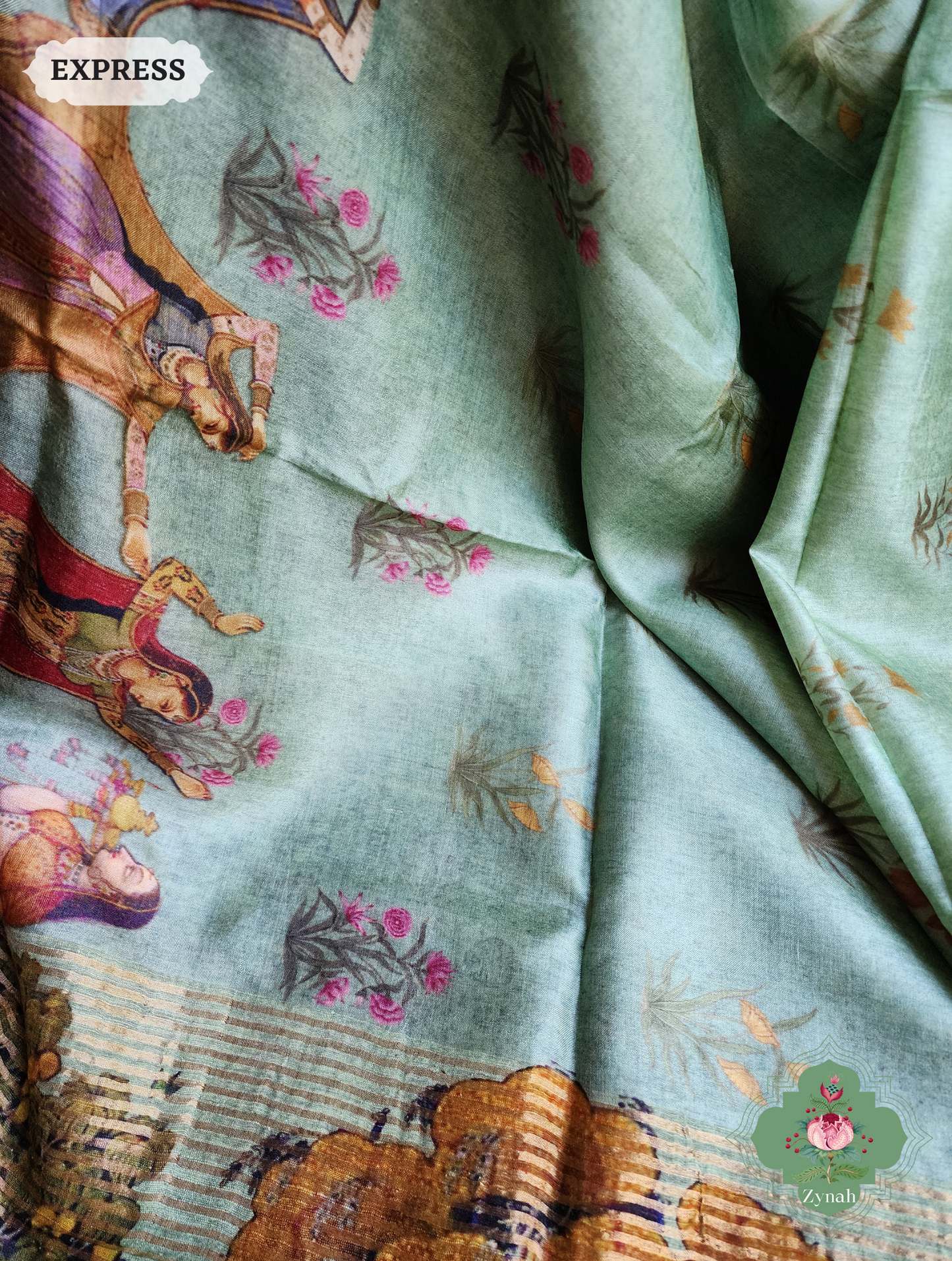 Zynah Pista Green Pure Tussar Silk Saree With Pichwai Print; Custom Stitched/Ready-made Blouse, Fall, Petticoat; SKU: 2306202302
