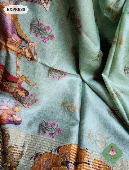 Zynah Pista Green Pure Tussar Silk Saree With Pichwai Print; Custom Stitched/Ready-made Blouse, Fall, Petticoat; SKU: 2306202302