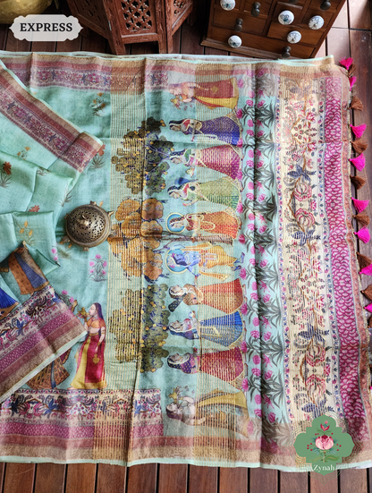 Zynah Pista Green Pure Tussar Silk Saree With Pichwai Print; Custom Stitched/Ready-made Blouse, Fall, Petticoat; SKU: 2306202302