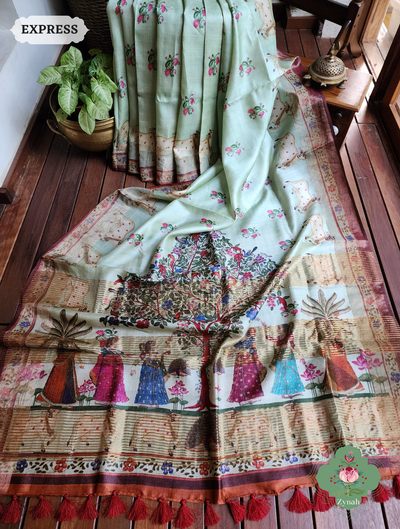 Elegant Pista Green Tussar Silk Saree with Pichwai Print: A masterpiece of artistry and grace