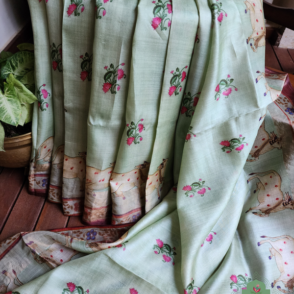 Zynah Pista Green Pure Tussar Silk Saree With Pichwai Print; Custom Stitched/Ready-made Blouse, Fall, Petticoat; SKU: 2306202301