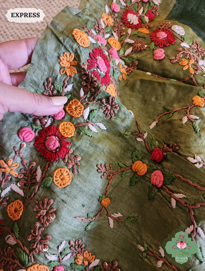 Zynah Green Tussar Silk Hand Painted Kalamkari Saree With French Knot Hand Embroidery; Custom Stitched/Ready-made Blouse, Fall, Petticoat; SKU: 1007202502
