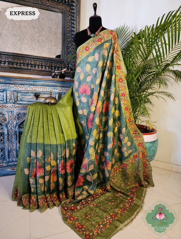 Zynah Green Tussar Silk Hand Painted Kalamkari Saree With French Knot Hand Embroidery; Custom Stitched/Ready-made Blouse, Fall, Petticoat; SKU: 1007202502