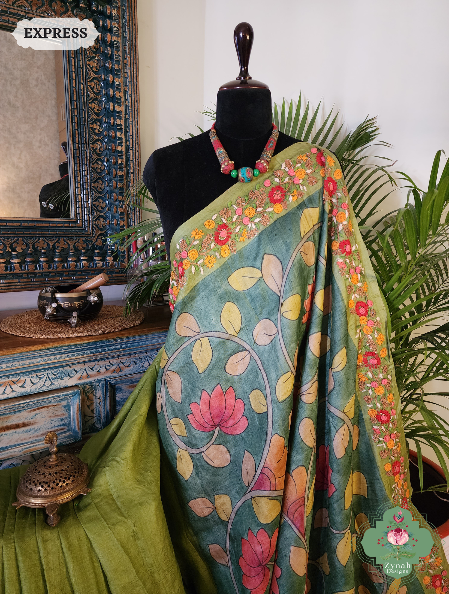 Zynah Green Tussar Silk Hand Painted Kalamkari Saree With French Knot Hand Embroidery; Custom Stitched/Ready-made Blouse, Fall, Petticoat; SKU: 1007202502