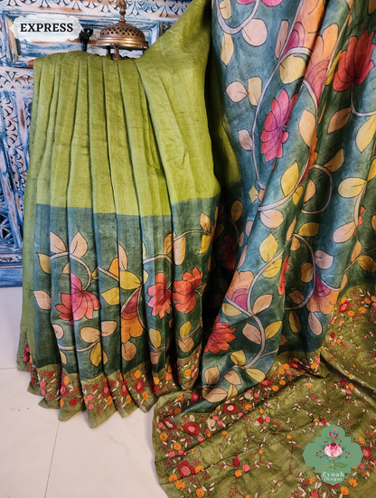 Zynah Green Tussar Silk Hand Painted Kalamkari Saree With French Knot Hand Embroidery; Custom Stitched/Ready-made Blouse, Fall, Petticoat; SKU: 1007202502