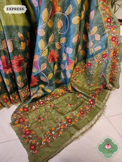 Zynah Green Tussar Silk Hand Painted Kalamkari Saree With French Knot Hand Embroidery; Custom Stitched/Ready-made Blouse, Fall, Petticoat; SKU: 1007202502