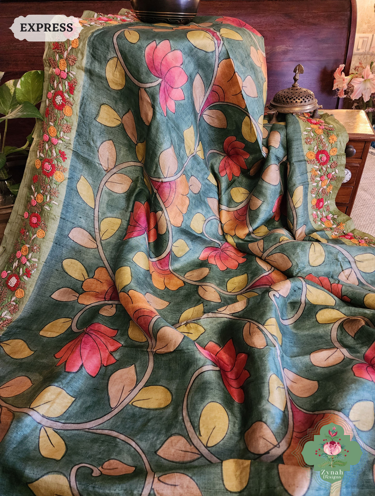Zynah Green Tussar Silk Hand Painted Kalamkari Saree With French Knot Hand Embroidery; Custom Stitched/Ready-made Blouse, Fall, Petticoat; SKU: 1007202502