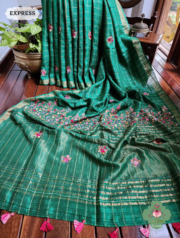 Green/Gold Self Checkered Tussar Silk Saree with Frenchknot Hand Embroidery & Sequins Work - Festive Elegance