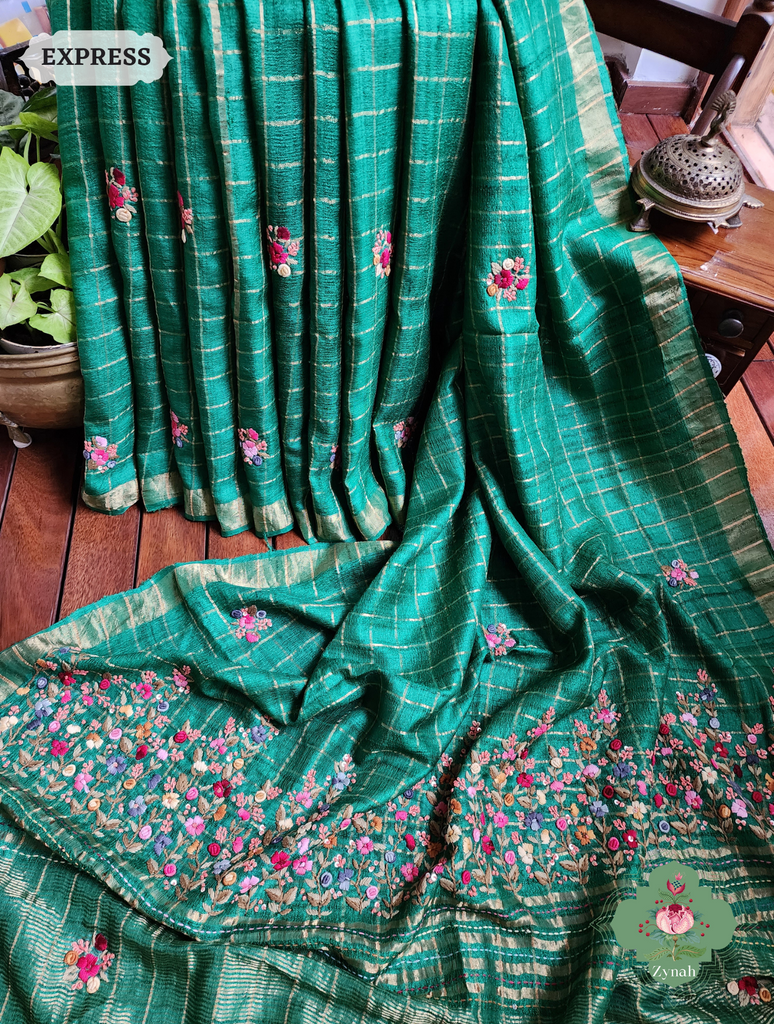 Zynah Green / Gold Self Checkered Pure Tussar Silk Saree With Frenchknot Hand Embroidery; Custom Stitched/Ready-made Blouse, Fall, Petticoat; SKU: 2908202301
