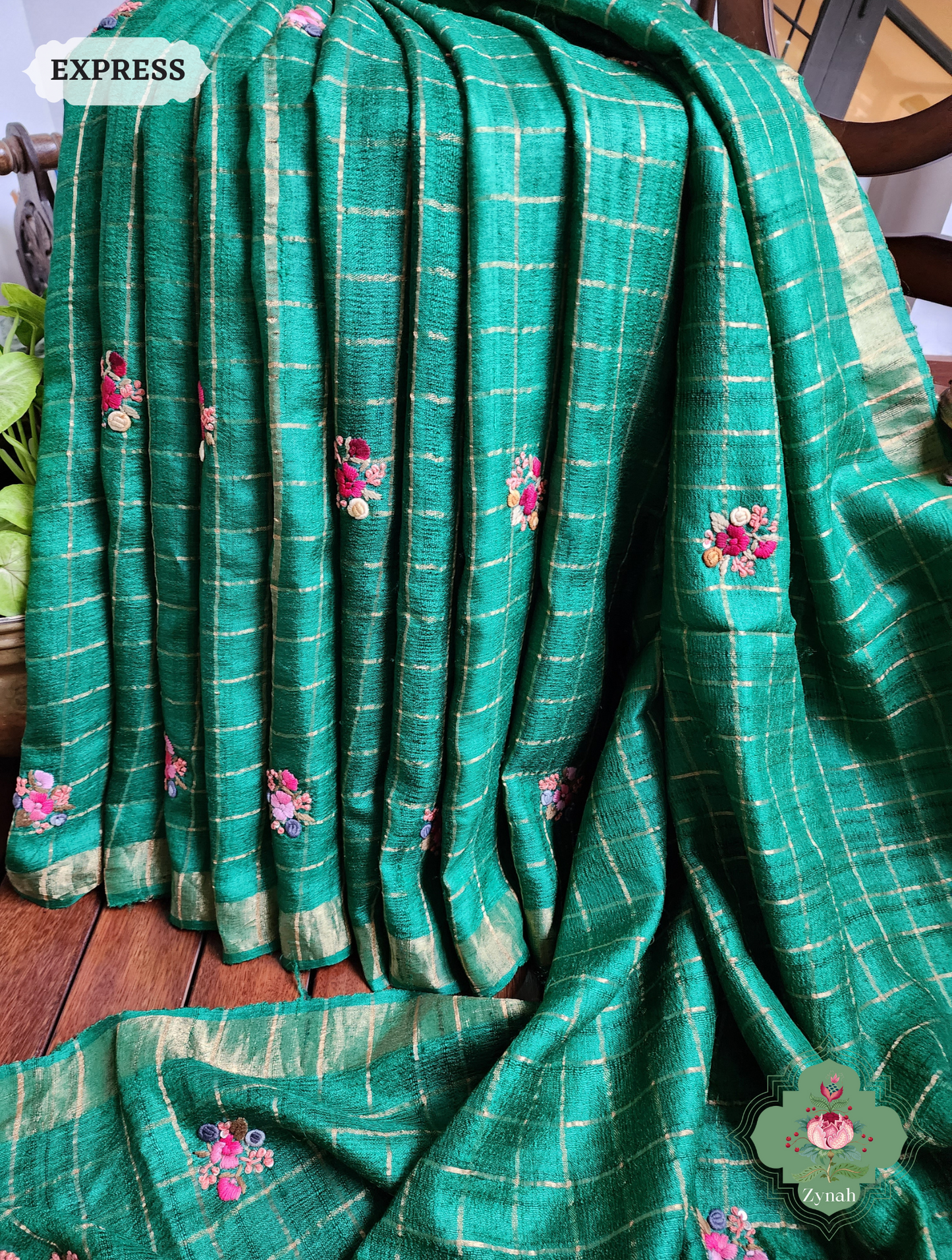 Zynah Green / Gold Self Checkered Pure Tussar Silk Saree With Frenchknot Hand Embroidery; Custom Stitched/Ready-made Blouse, Fall, Petticoat; SKU: 2908202301