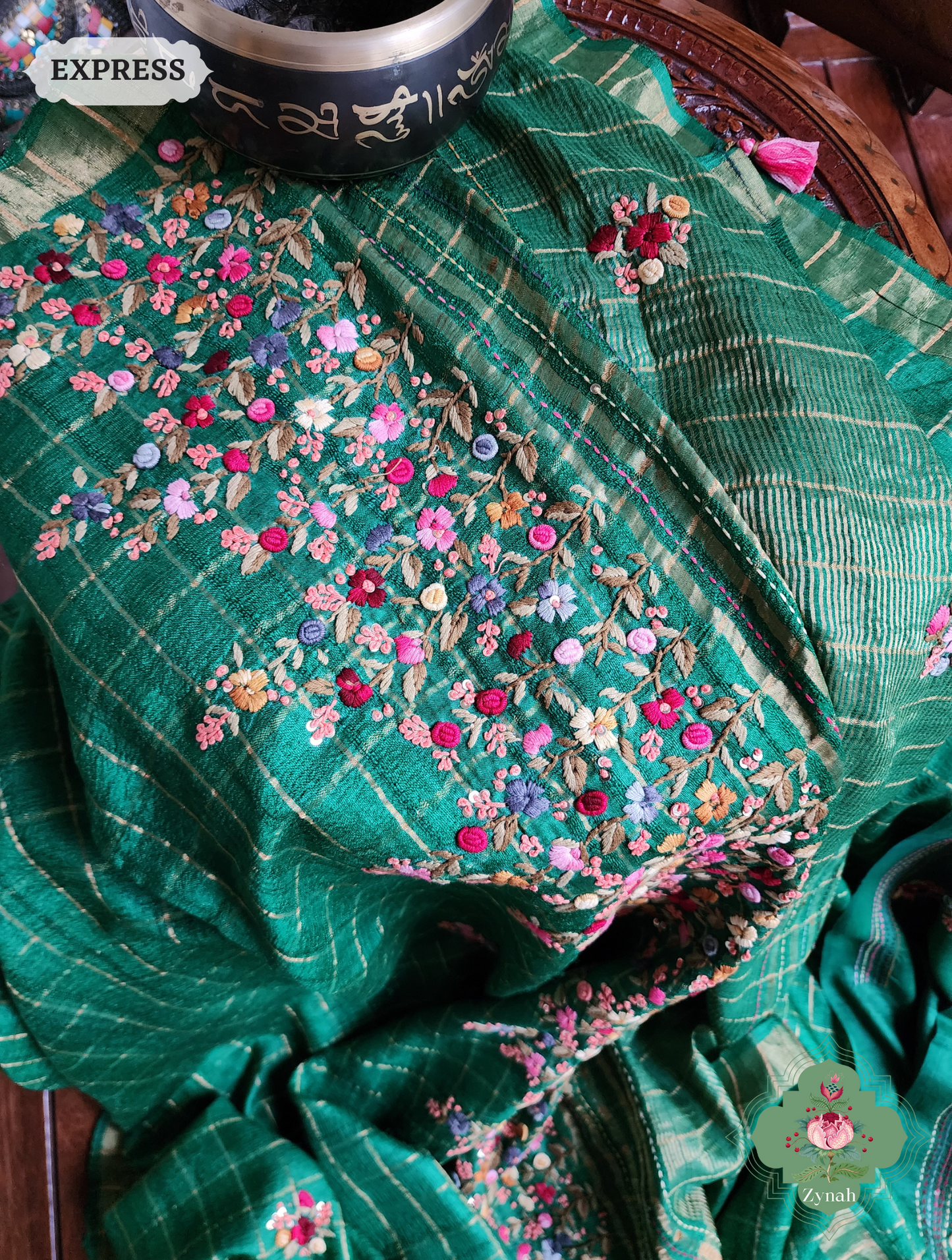 Zynah Green / Gold Self Checkered Pure Tussar Silk Saree With Frenchknot Hand Embroidery; Custom Stitched/Ready-made Blouse, Fall, Petticoat; SKU: 2908202301