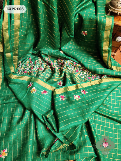 Zynah Green / Gold Self Checkered Pure Tussar Silk Saree With Frenchknot Hand Embroidery; Custom Stitched/Ready-made Blouse, Fall, Petticoat; SKU: 2908202301