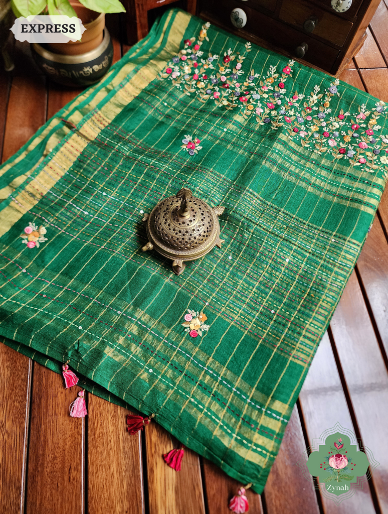 Zynah Green / Gold Self Checkered Pure Tussar Silk Saree With Frenchknot Hand Embroidery; Custom Stitched/Ready-made Blouse, Fall, Petticoat; SKU: 2908202301