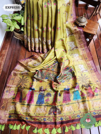 Mehendi Green Tussar Silk Saree with Pichwai Print - Elegance and Tradition Combined