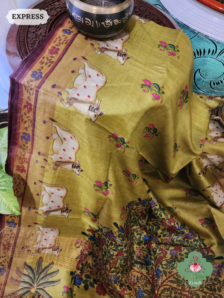 Zynah Mehendi Green Pure Tussar Silk Saree With Pichwai Print; Custom Stitched/Ready-made Blouse, Fall, Petticoat; SKU: 1908202301