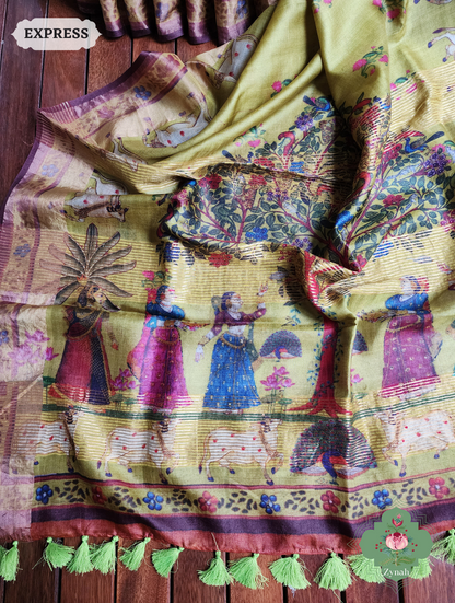 Zynah Mehendi Green Pure Tussar Silk Saree With Pichwai Print; Custom Stitched/Ready-made Blouse, Fall, Petticoat; SKU: 1908202301