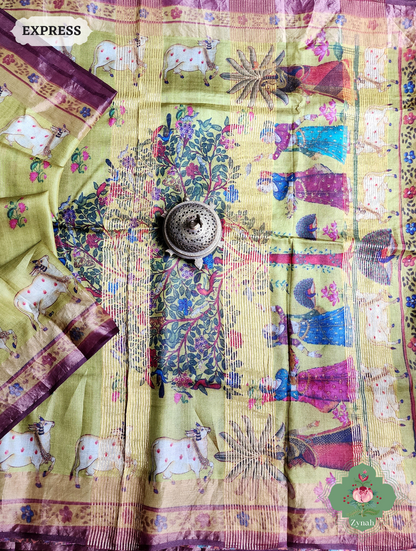 Zynah Mehendi Green Pure Tussar Silk Saree With Pichwai Print; Custom Stitched/Ready-made Blouse, Fall, Petticoat; SKU: 1908202301