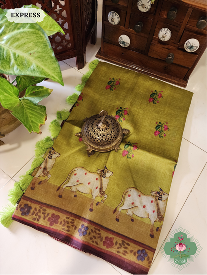Zynah Mehendi Green Pure Tussar Silk Saree With Pichwai Print; Custom Stitched/Ready-made Blouse, Fall, Petticoat; SKU: 1908202301