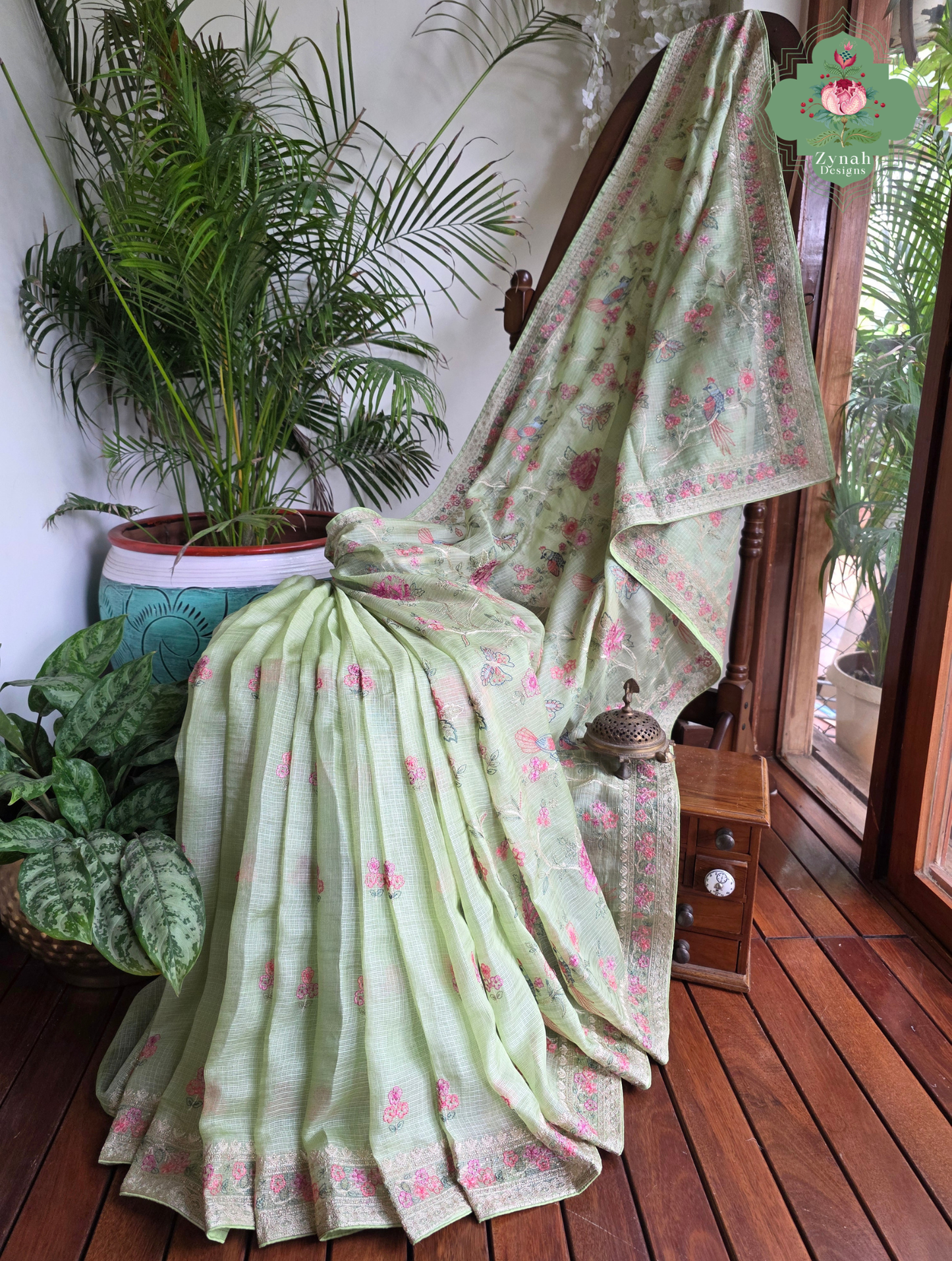 Summer Barefoot Green Kota Tussar Silk Saree With Embroidery