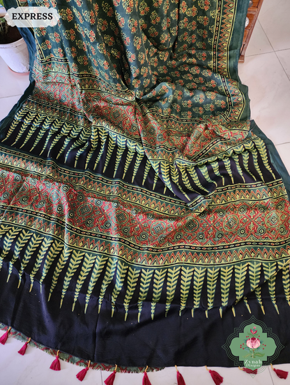 Zynah Green & Red Ajrakh Modal Silk Saree Crafted Using The Traditional Method Of Hand Block Printing Using 100% Natural Dyes; Custom Stitched/Ready-made Blouse, Fall, Petticoat; SKU: 1402202504