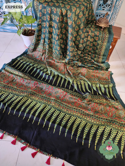 Zynah Green & Red Ajrakh Modal Silk Saree Crafted Using The Traditional Method Of Hand Block Printing Using 100% Natural Dyes; Custom Stitched/Ready-made Blouse, Fall, Petticoat; SKU: 1402202504