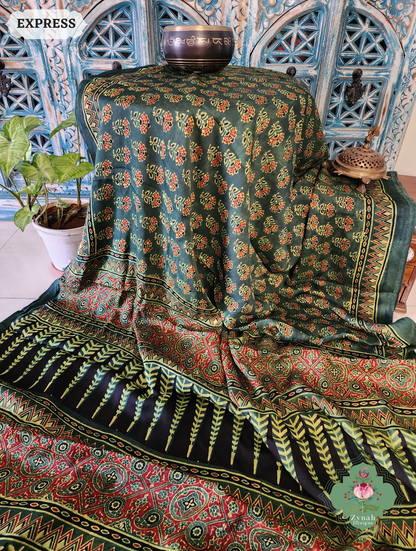 Zynah Green & Red Ajrakh Modal Silk Saree Crafted Using The Traditional Method Of Hand Block Printing Using 100% Natural Dyes; Custom Stitched/Ready-made Blouse, Fall, Petticoat; SKU: 1402202504