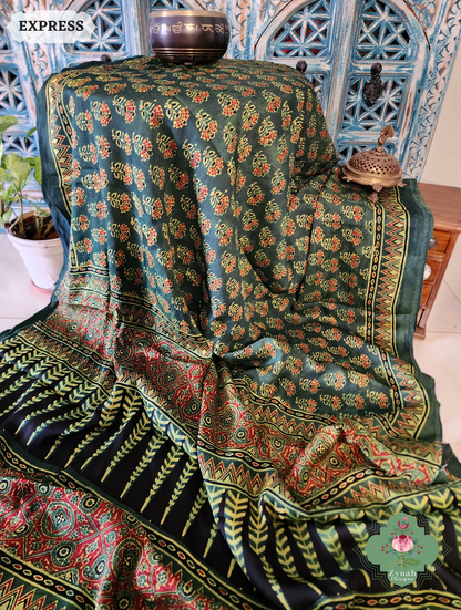 Zynah Green & Red Ajrakh Modal Silk Saree Crafted Using The Traditional Method Of Hand Block Printing Using 100% Natural Dyes; Custom Stitched/Ready-made Blouse, Fall, Petticoat; SKU: 1402202504
