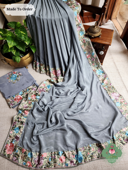 Zynah Made To Order Grey Crepe Silk Hand Embroidered Authentic Parsi Gara Saree; Custom Stitched/Ready-made Blouse, Fall, Petticoat; SKU: 0905202502