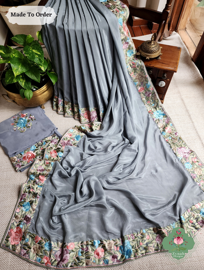 Zynah Made To Order Grey Crepe Silk Hand Embroidered Authentic Parsi Gara Saree; Custom Stitched/Ready-made Blouse, Fall, Petticoat; SKU: 0905202502