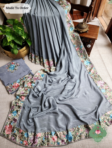 Zynah Made To Order Grey Crepe Silk Hand Embroidered Authentic Parsi Gara Saree; Custom Stitched/Ready-made Blouse, Fall, Petticoat; SKU: 0905202502