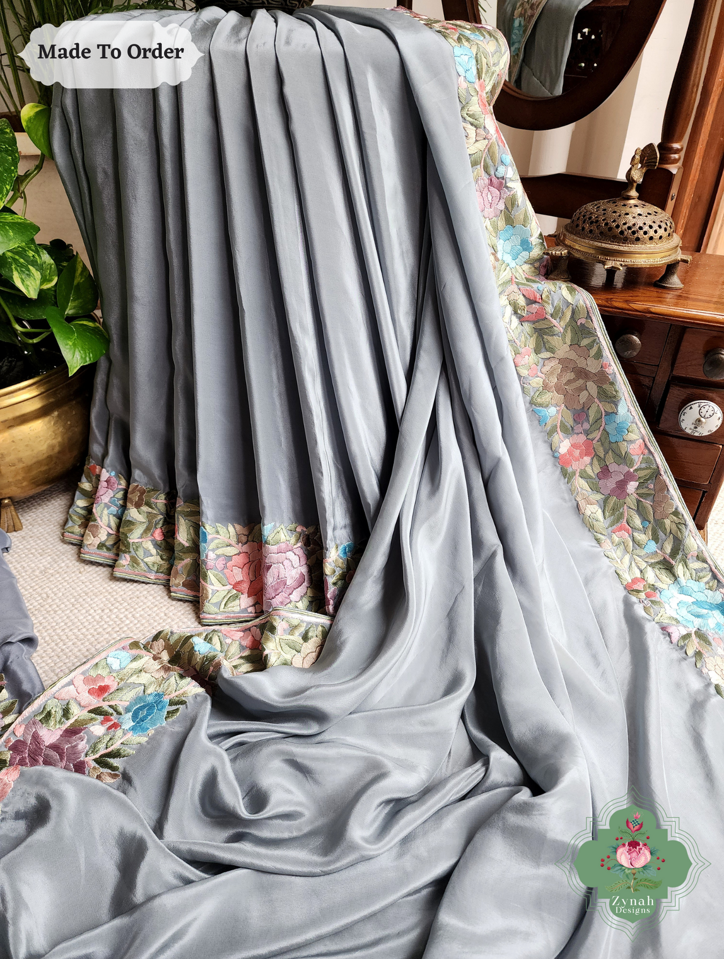 Zynah Made To Order Grey Crepe Silk Hand Embroidered Authentic Parsi Gara Saree; Custom Stitched/Ready-made Blouse, Fall, Petticoat; SKU: 0905202502
