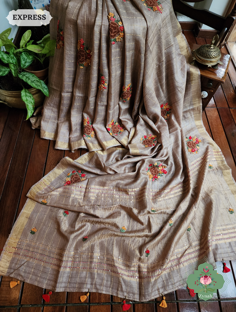 Brown/Gold Self Checkered Tussar Silk Saree with Frenchknot Hand Embroidery & Sequins Work - Festive Elegance