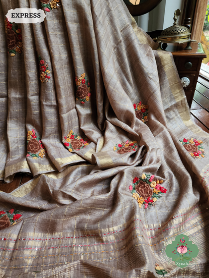 Zynah Brown / Gold Self Checkered Pure Tussar Silk Saree With Frenchknot Hand Embroidery; Custom Stitched/Ready-made Blouse, Fall, Petticoat; SKU: 2908202305