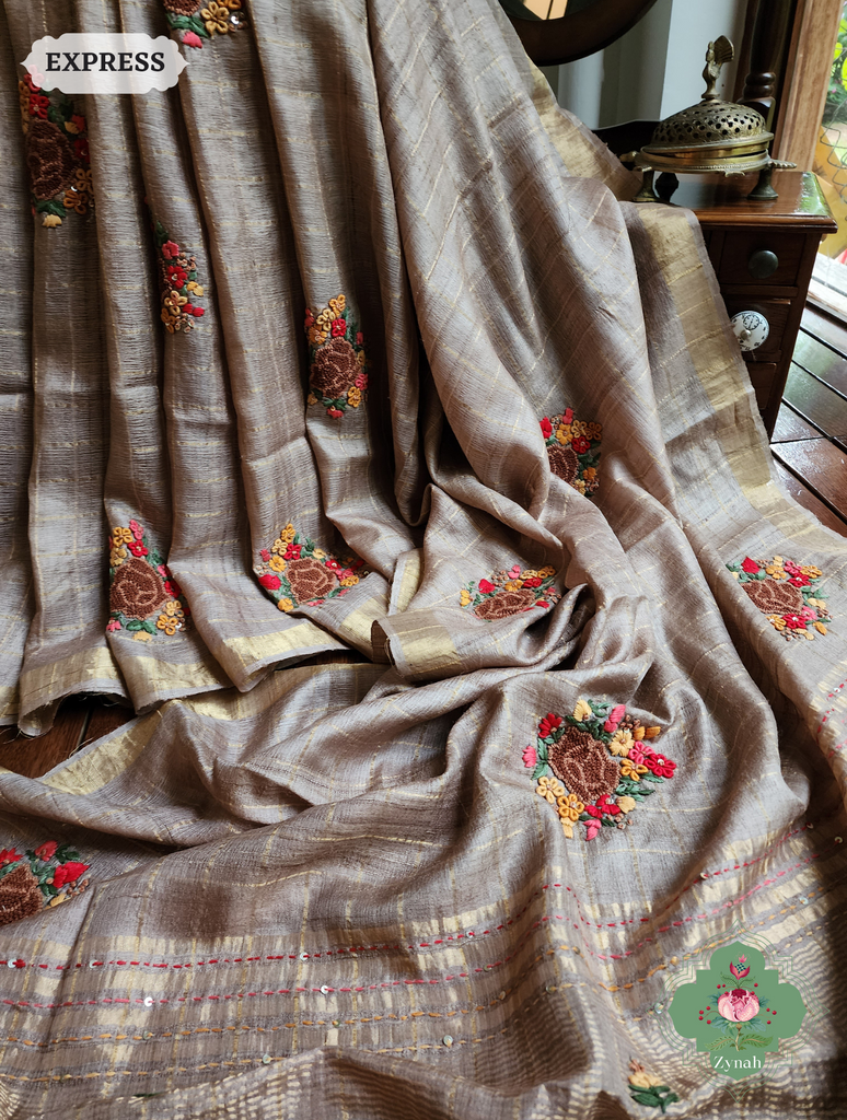 Zynah Brown / Gold Self Checkered Pure Tussar Silk Saree With Frenchknot Hand Embroidery; Custom Stitched/Ready-made Blouse, Fall, Petticoat; SKU: 2908202305