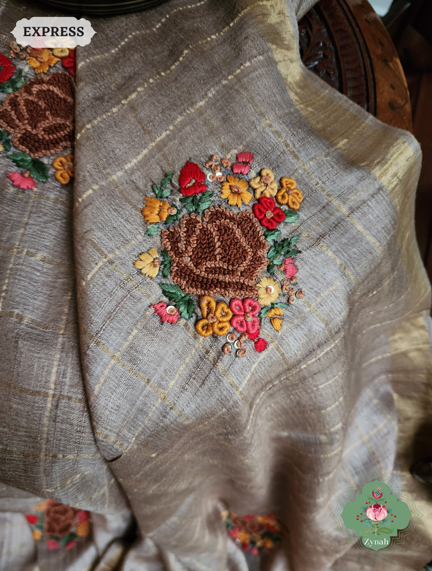Zynah Brown / Gold Self Checkered Pure Tussar Silk Saree With Frenchknot Hand Embroidery; Custom Stitched/Ready-made Blouse, Fall, Petticoat; SKU: 2908202305