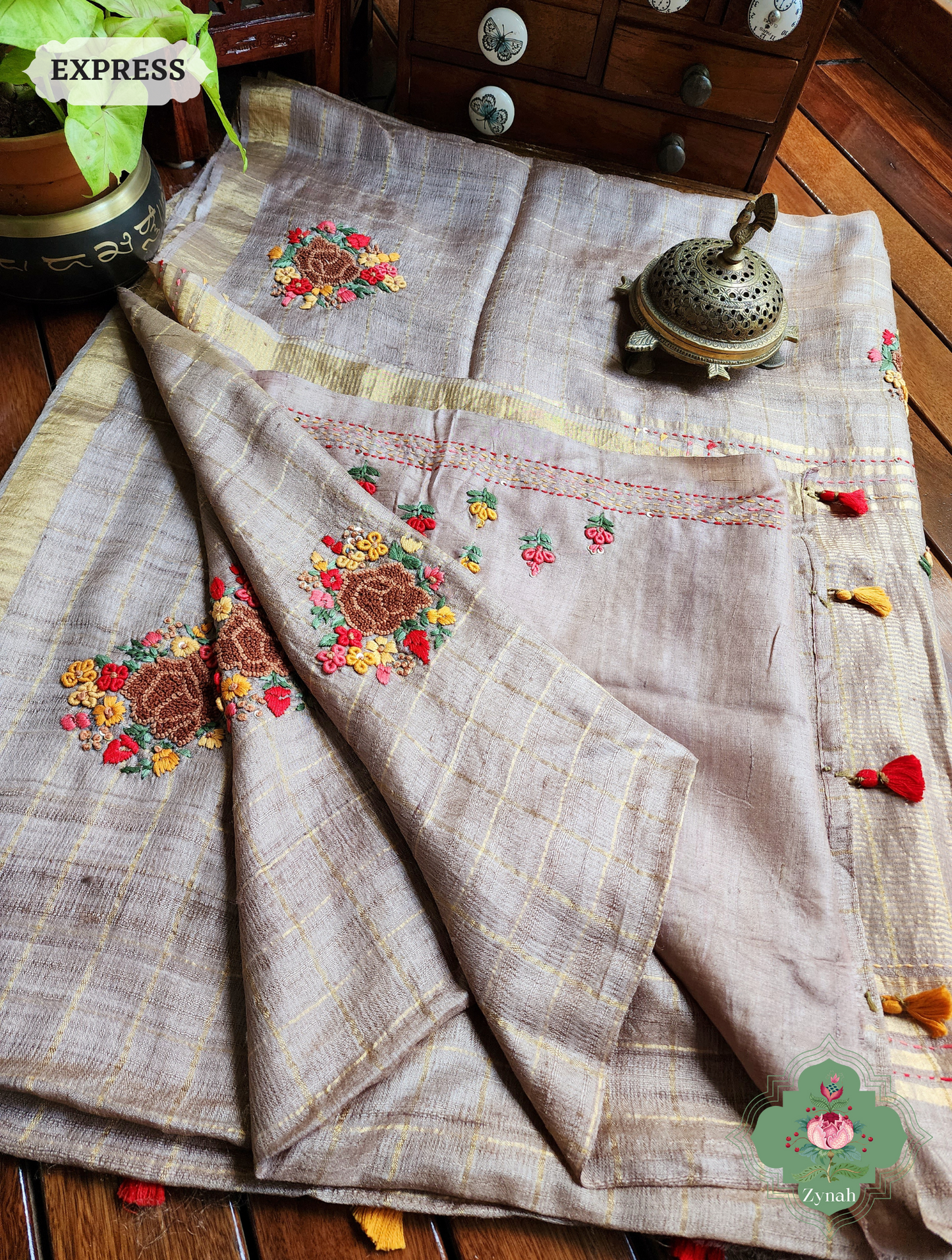 Zynah Brown / Gold Self Checkered Pure Tussar Silk Saree With Frenchknot Hand Embroidery; Custom Stitched/Ready-made Blouse, Fall, Petticoat; SKU: 2908202305