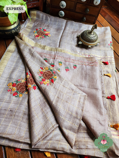 Zynah Brown / Gold Self Checkered Pure Tussar Silk Saree With Frenchknot Hand Embroidery; Custom Stitched/Ready-made Blouse, Fall, Petticoat; SKU: 2908202305