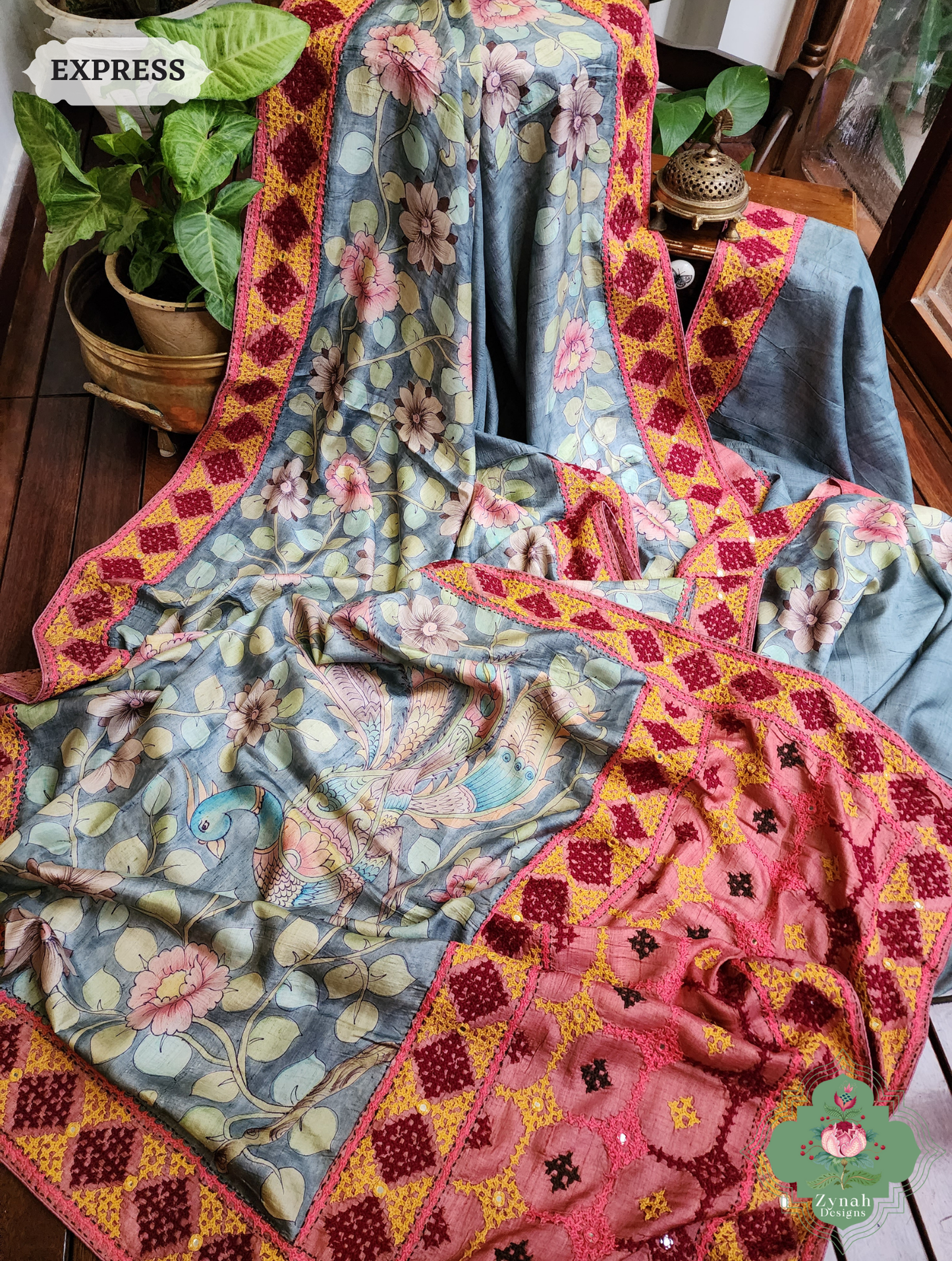 Zynah Grey Hand-Painted Tussar Silk Kalamkari Saree With Kutch Hand Embroidery; Custom Stitched/Ready-made Blouse, Fall, Petticoat; SKU: 2805202502