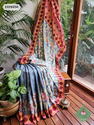 Zynah Grey Hand-Painted Tussar Silk Kalamkari Saree With Kutch Hand Embroidery; Custom Stitched/Ready-made Blouse, Fall, Petticoat; SKU: 2805202502
