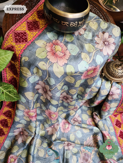 Zynah Grey Hand-Painted Tussar Silk Kalamkari Saree With Kutch Hand Embroidery; Custom Stitched/Ready-made Blouse, Fall, Petticoat; SKU: 2805202502